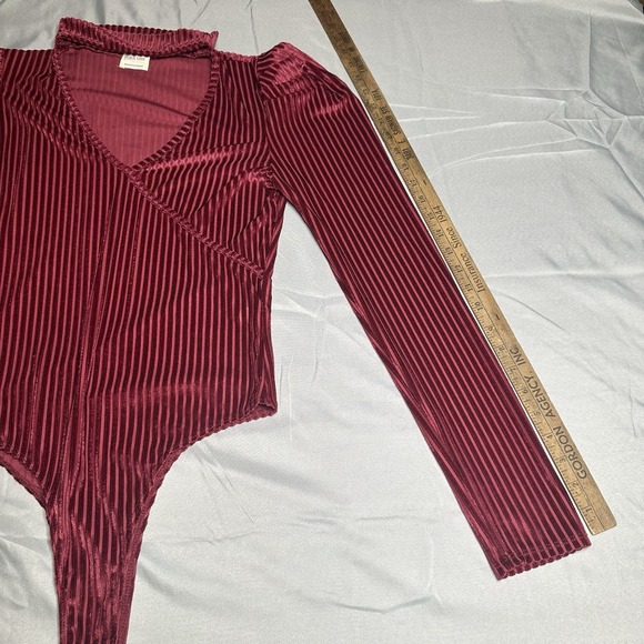 Velvet Burn Out Striped Bodysuit Large Maroon Leg O Mutton Sleeve Collar Neck - Picture 6 of 10